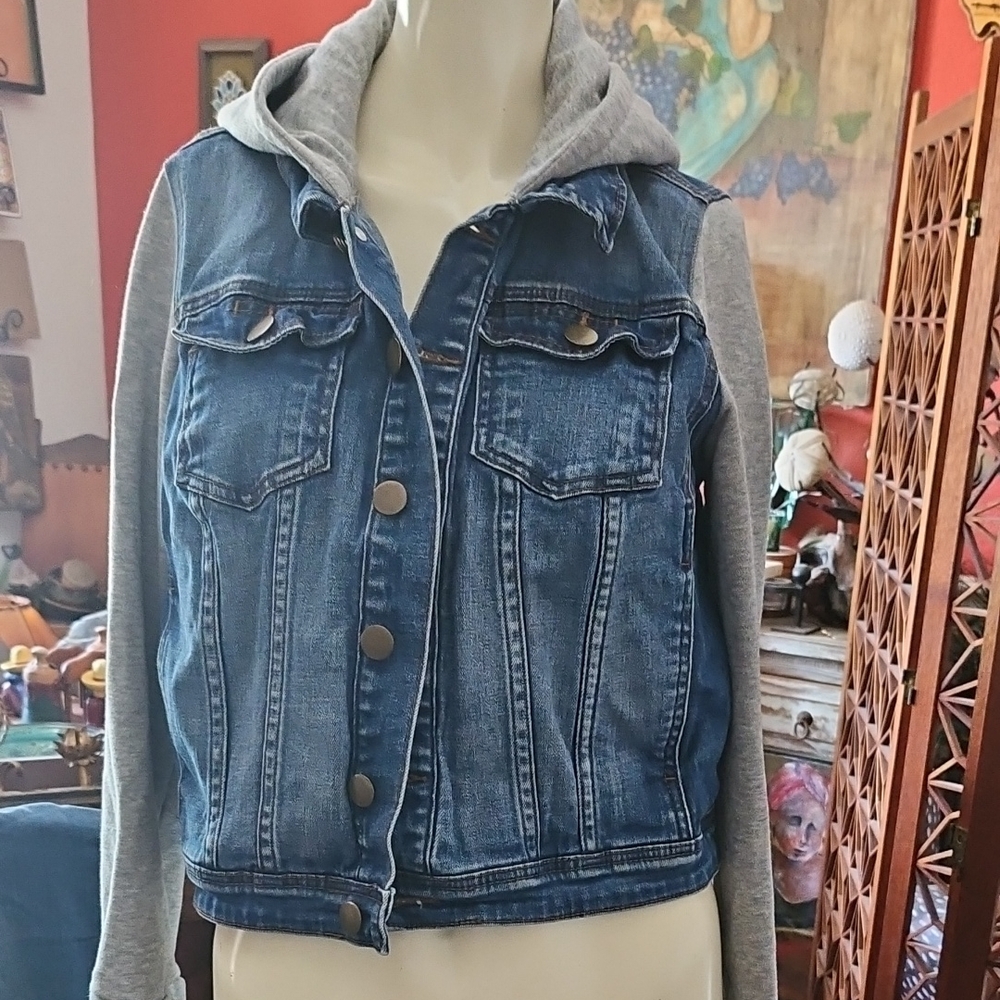 Kids Large Fervour Denim Jean Hooded Jacket Sweatshirt Sleeves Hood